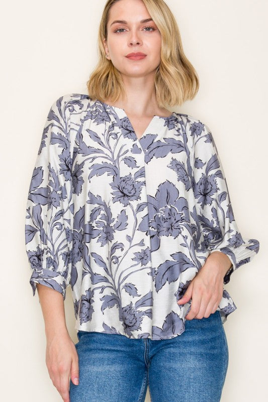 Floral Split Neck 3/4 Sleeve Top-Grey