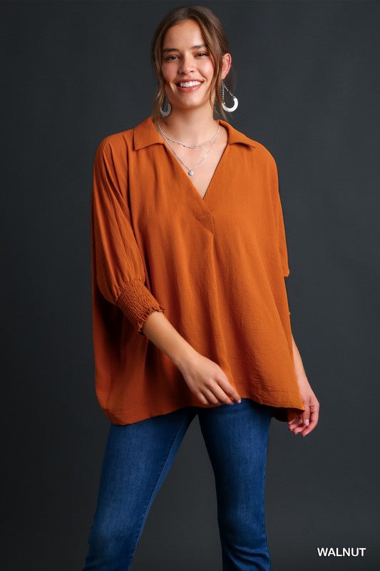 Solid Collared 3/4 Smocked Sleeve Swing Top