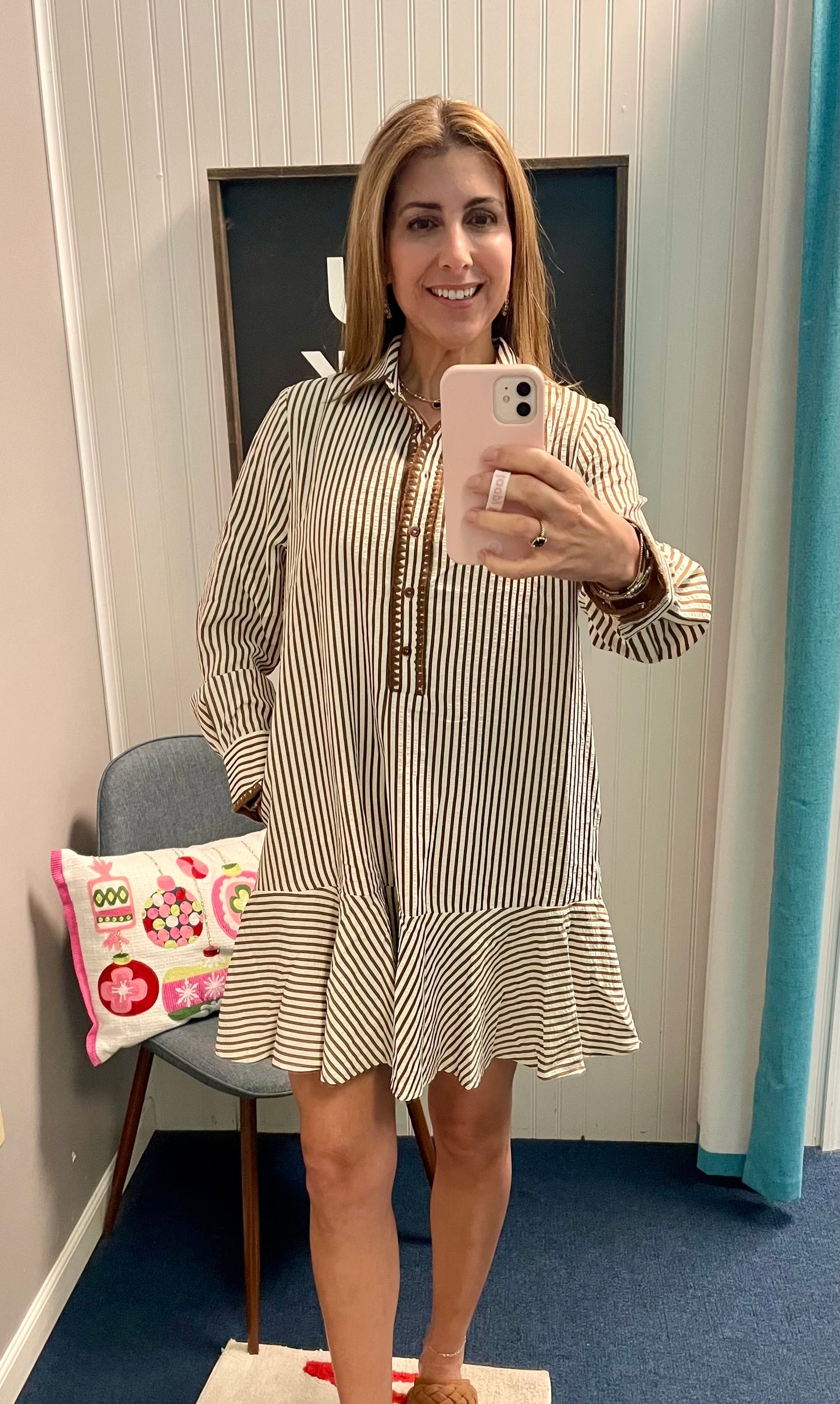 Striped Long Sleeve Embroidered Placket Collared Dress-Caramel