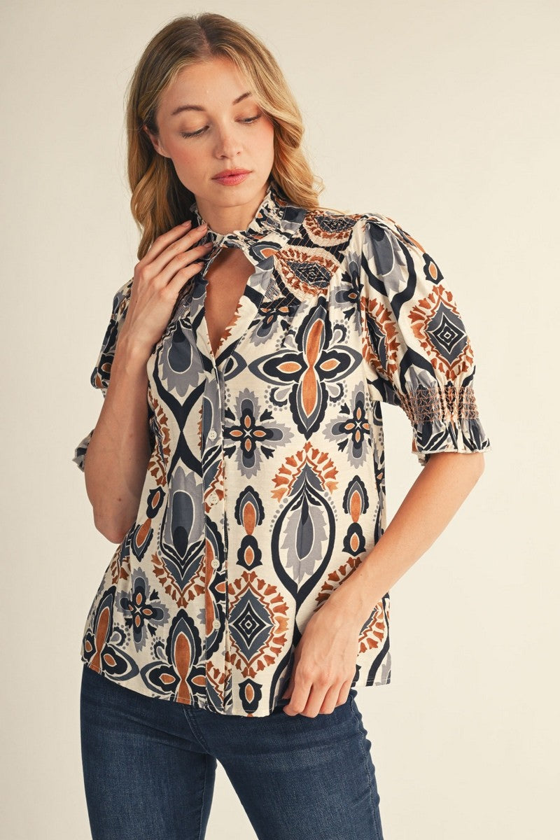 Boho Smocked Sleeve & Neck Button Down Top