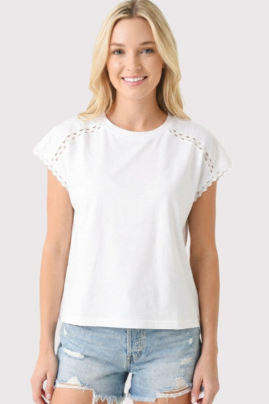 Solid Rick Rac Trimmed Shoulder Top-White