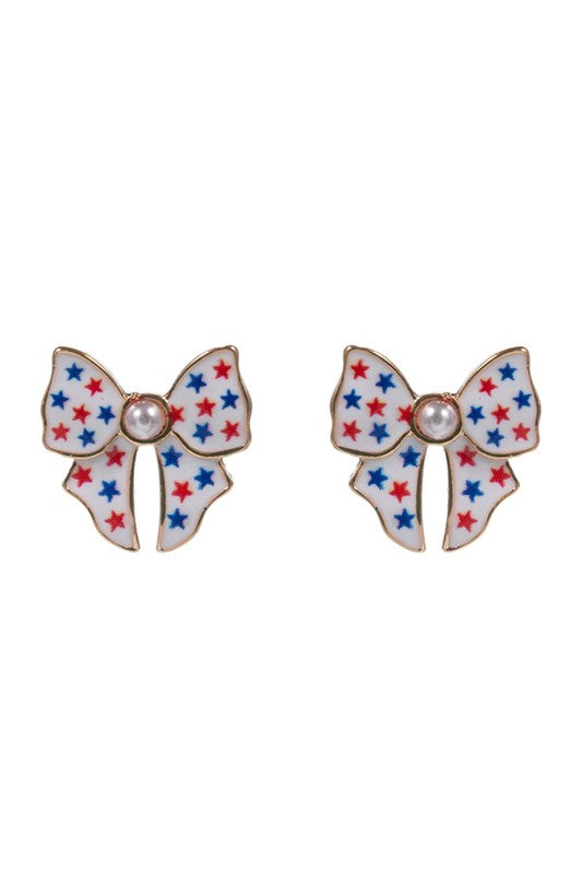 Enamel American Bow Pearl Stud Earring