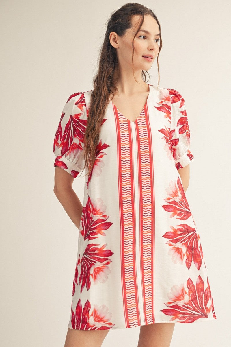 Large Floral Center Stripe V-Neck Shift Dress-Red