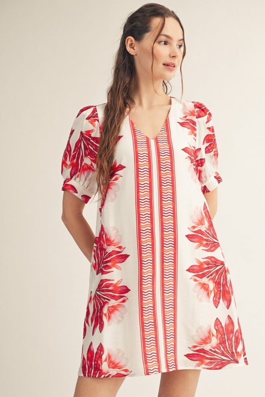 Large Floral Center Stripe V-Neck Shift Dress-Red