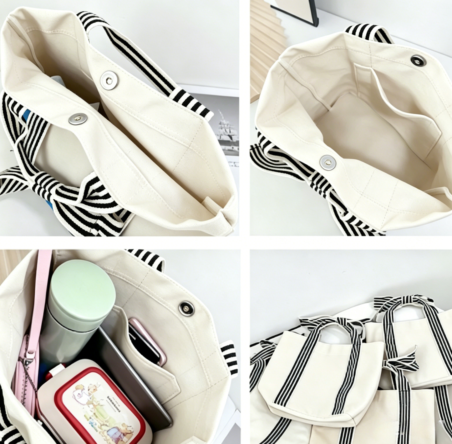 Striped Canvas Tote Bag Bow Handle Bag with Personalization