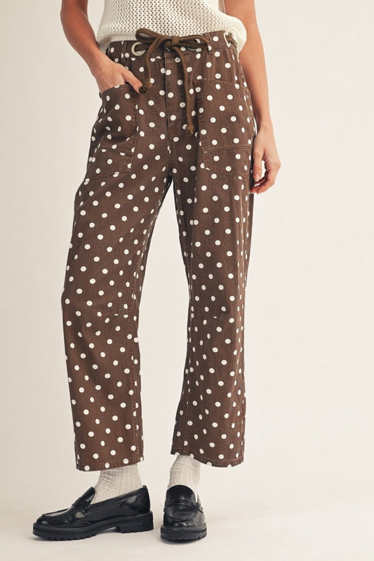 Polka Dot Drawstring Waist Barrel Pant-Brown