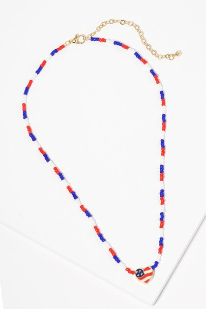 American Flag Heart Beaded Necklace