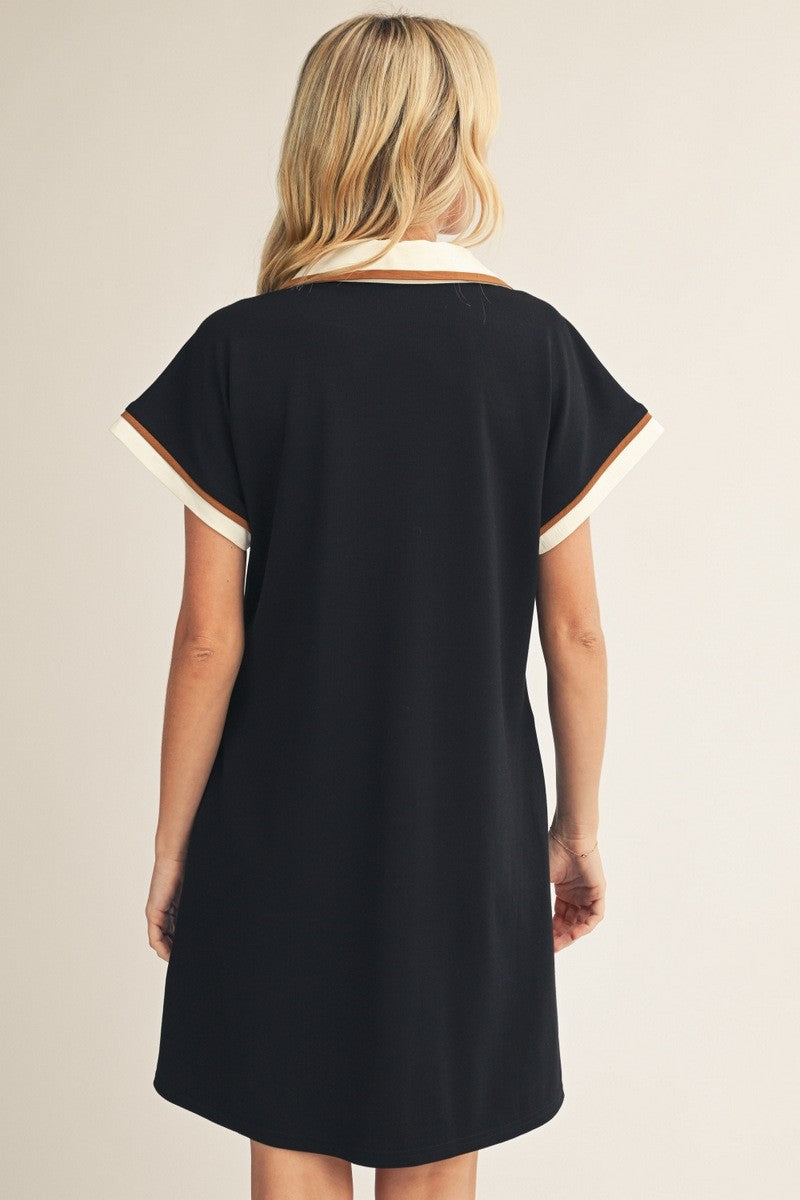 Solid Collared V-Neck Dress w/Contrast Details