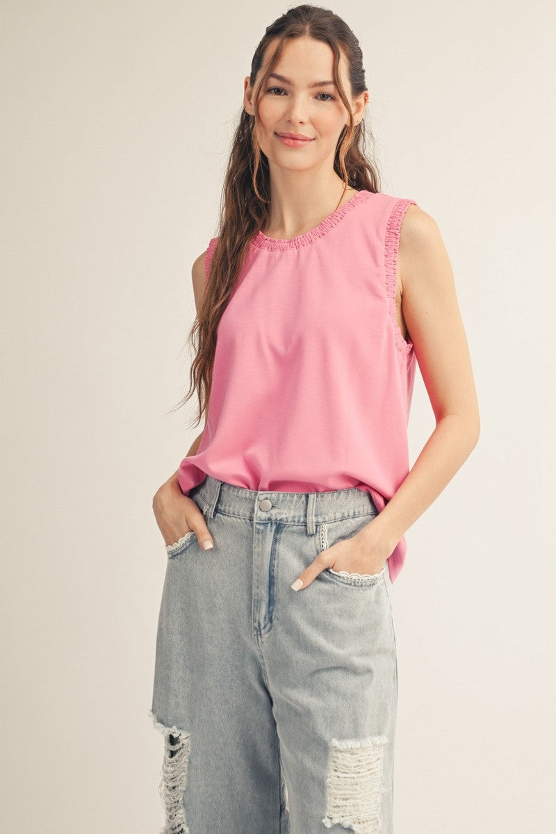 Solid Sleeveless Smocked Edge Top