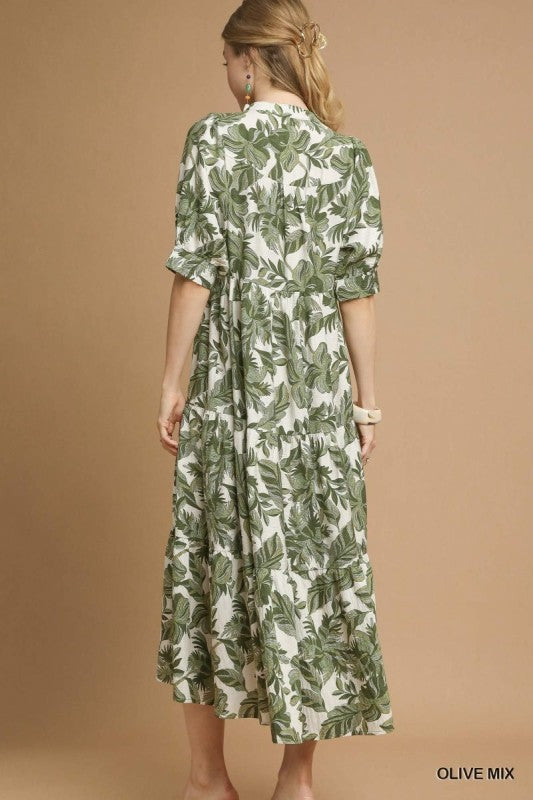 Floral & Leaf Hidden Placket Midi Dress-Olive