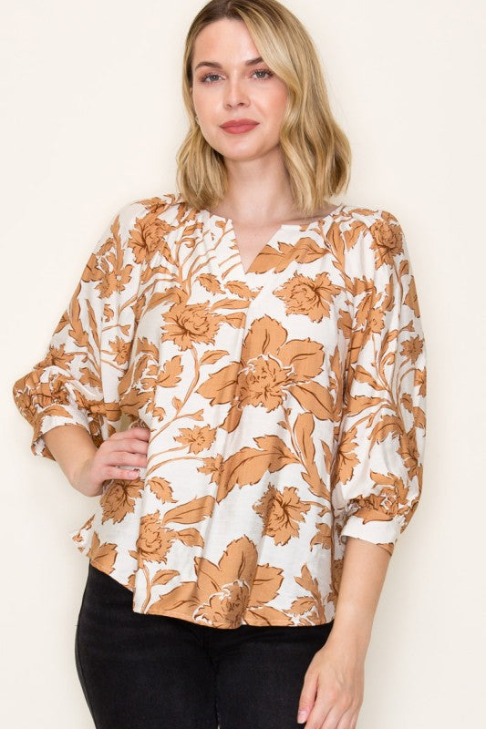 Floral Split Neck 3/4 Sleeve Top-Taupe