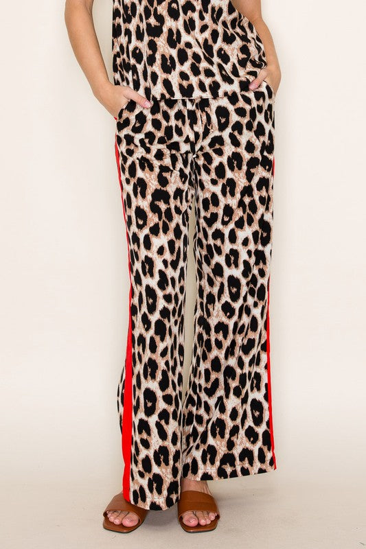 Leopard Wide Leg Racing Stripe Pant