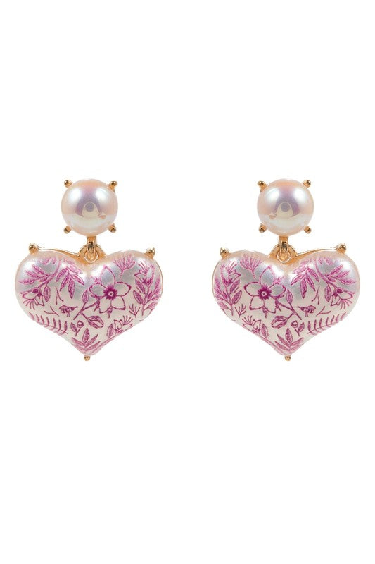 Vintage Flower Pearl Heart Drop Earring-Pink