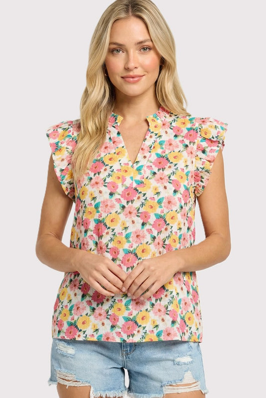 Floral Split Neck Ruffle Cap Sleeve Top-Yellow