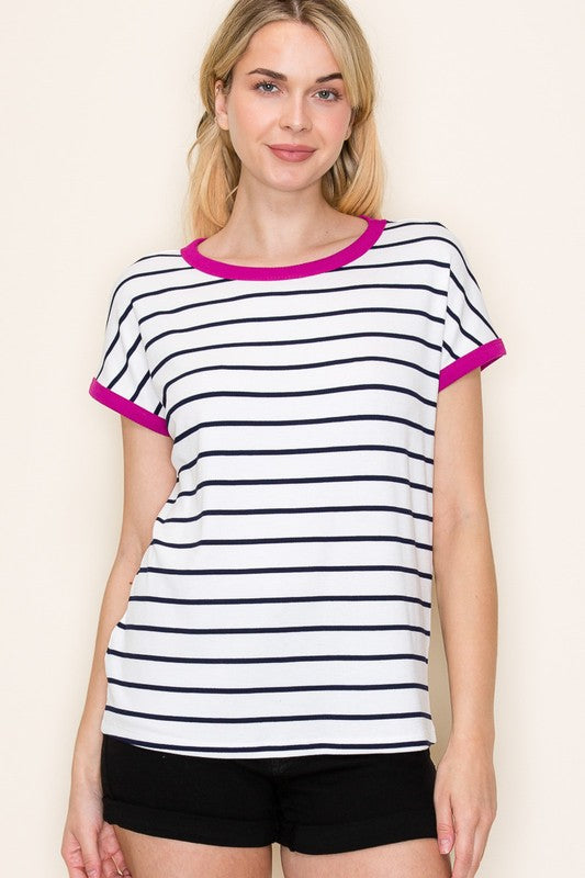 Color Trimmed Striped Crew Neck Top