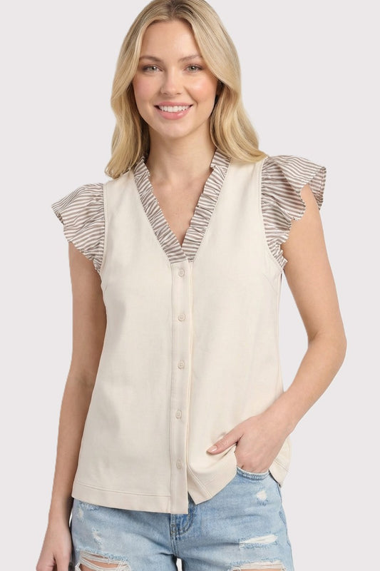 Striped Frill V-Neck & Sleeve Button Top-Cream