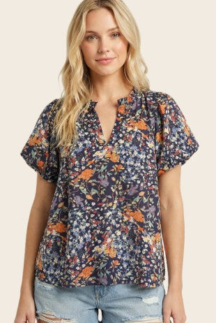 Geo Floral Print Frill Split Neck Balloon Sleeve Top-Navy