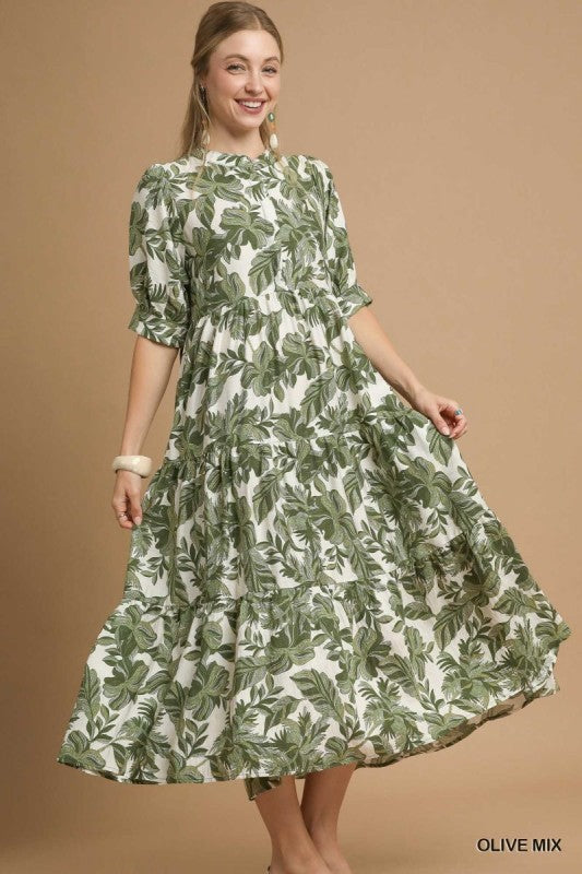 Floral & Leaf Hidden Placket Midi Dress-Olive