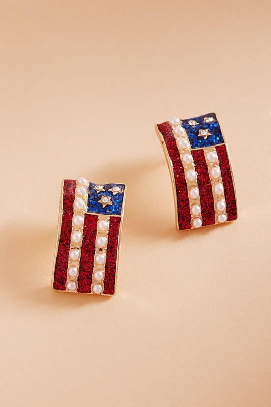 Flying Flag Glitter & Pearl Stud Earring-RWB