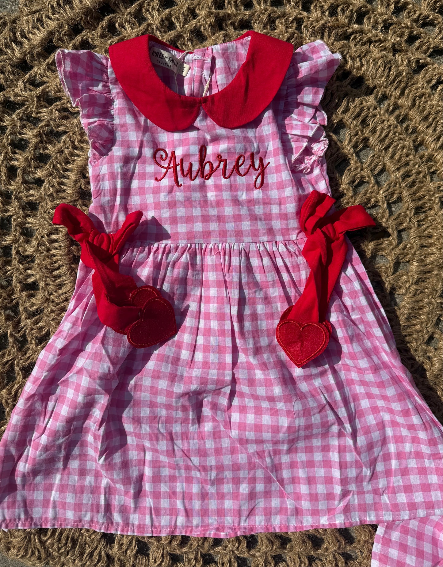Valentine Pink Plaid Girls Dress with Red Hearts & Bows