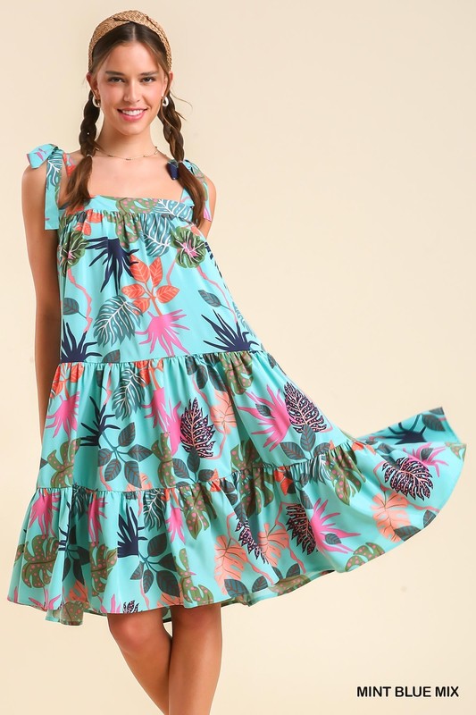 Sleeveless Tie Shoulder Tropical Floral Tiered Dress