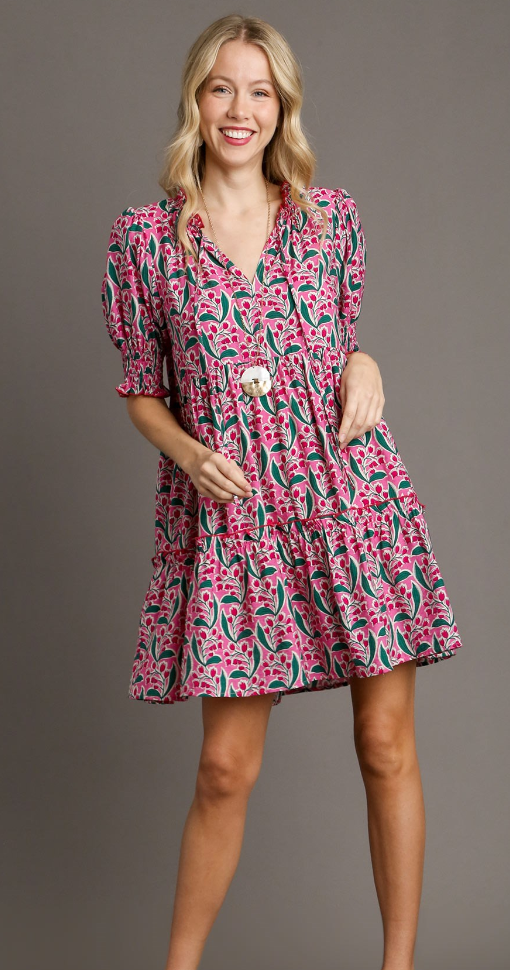 Floral Ruffle Tiered Tie Neck Dress