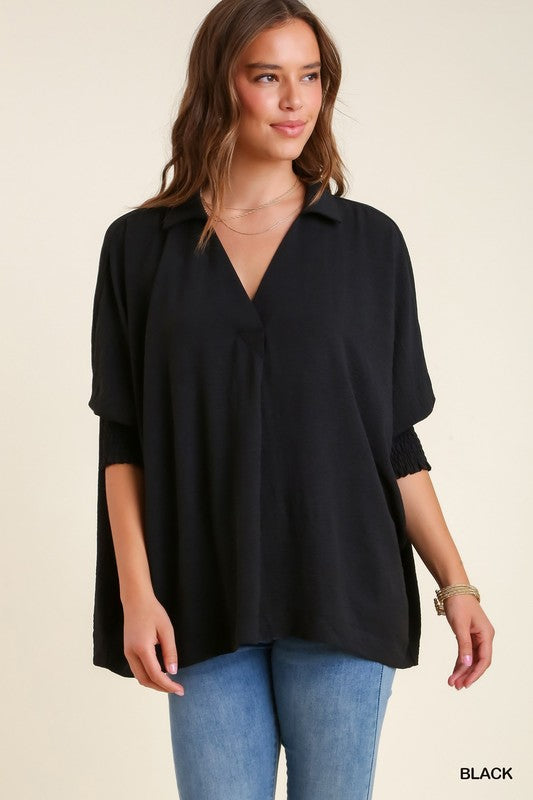 Solid Collared 3/4 Smocked Sleeve Swing Top