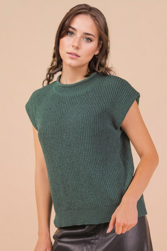Solid Rolled Neck Short Sleeve Sweater