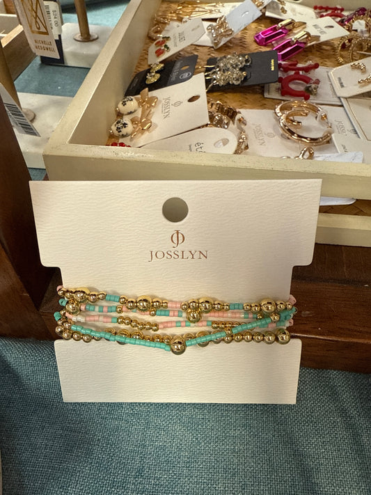 Seed & Gold Ball Bead Bracelet Set-Pink/Green