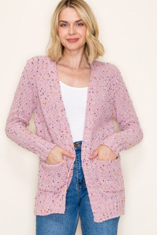 Confetti Open Front Cardigan Sweater-Dusty Pink