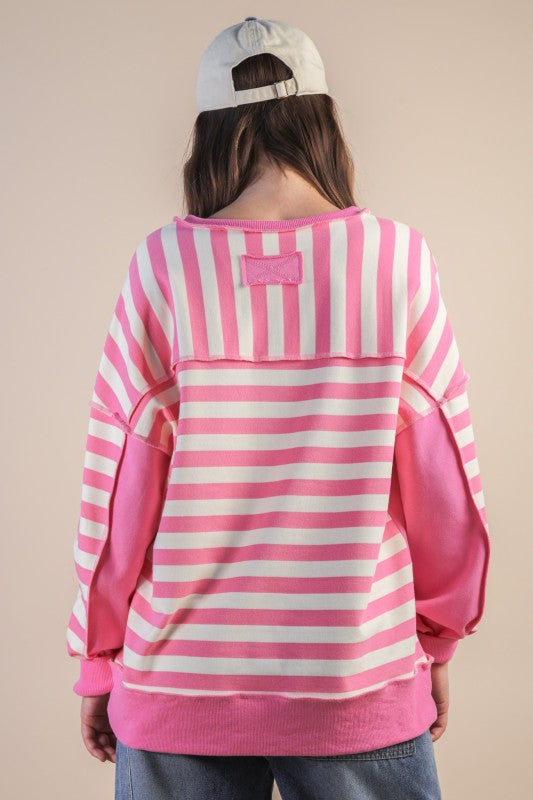 Striped 1/2 Button Raw Edge Long Sleeve Top
