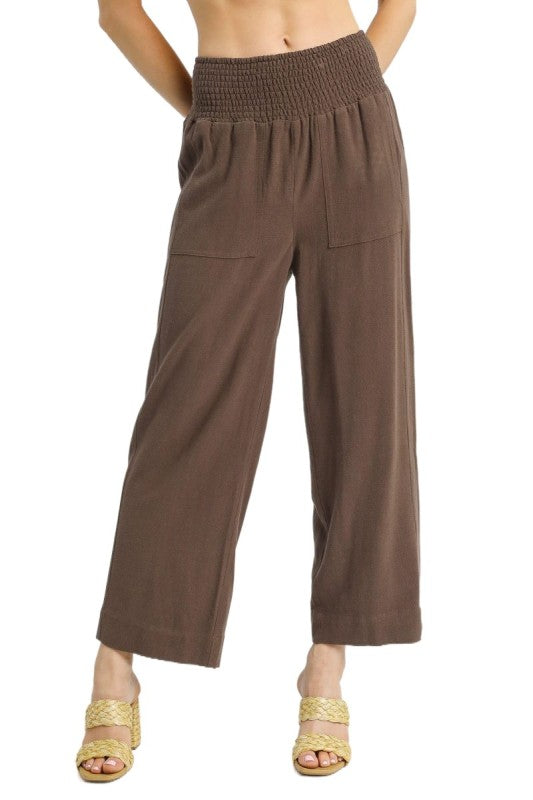 Linen Wide Leg Patch Pocket Smocked Waist Pants