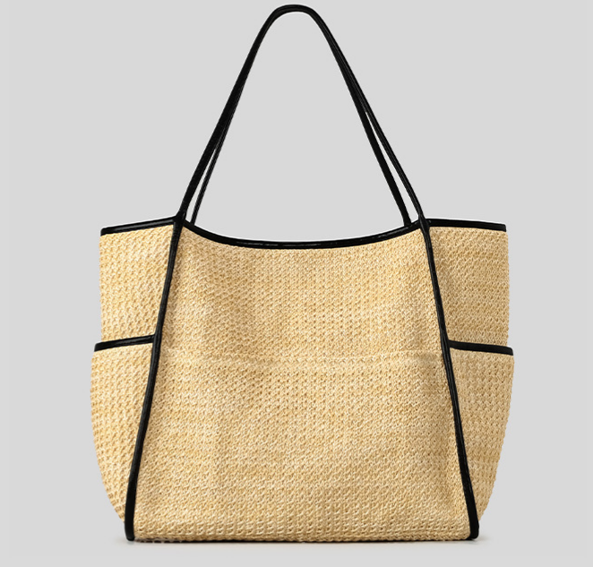 Large Straw Tote Bag Snap Woven Beach Shoulder Bag