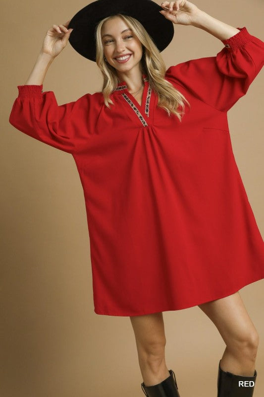 Solid Leopard Accent Balloon Sleeve Dress-Red