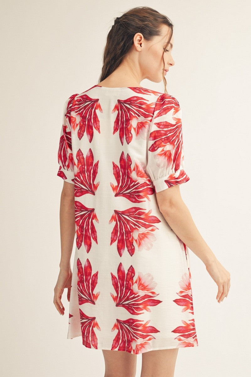Large Floral Center Stripe V-Neck Shift Dress-Red
