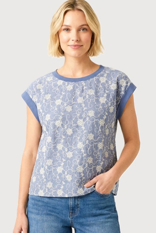 Floral Embroidered Cap Sleeve Top-Chambray