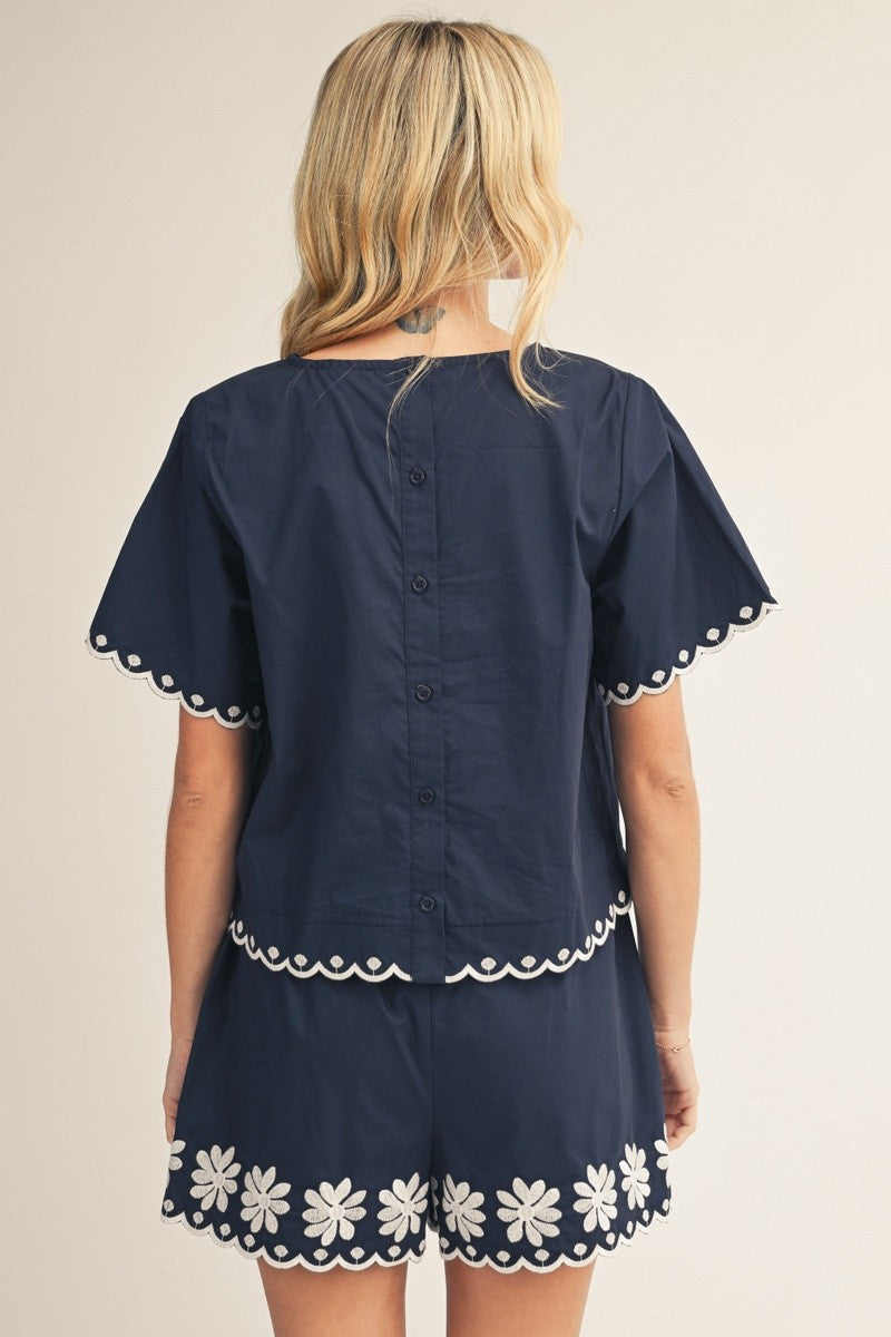 Scallop Edge Floral Embroidered Button Back Top-Navy