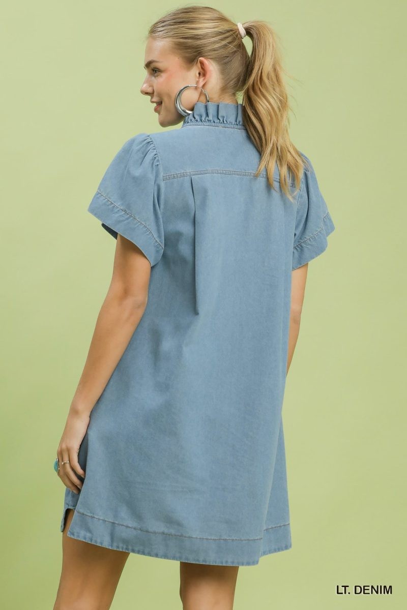 Chambray Denim V-Neck Flutter Sleeve Dress