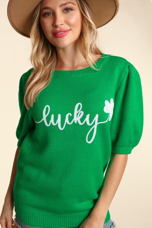 Lucky Sequin Puff Short Sleeve Sweater - Green