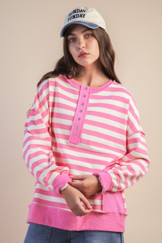 Striped 1/2 Button Raw Edge Long Sleeve Top