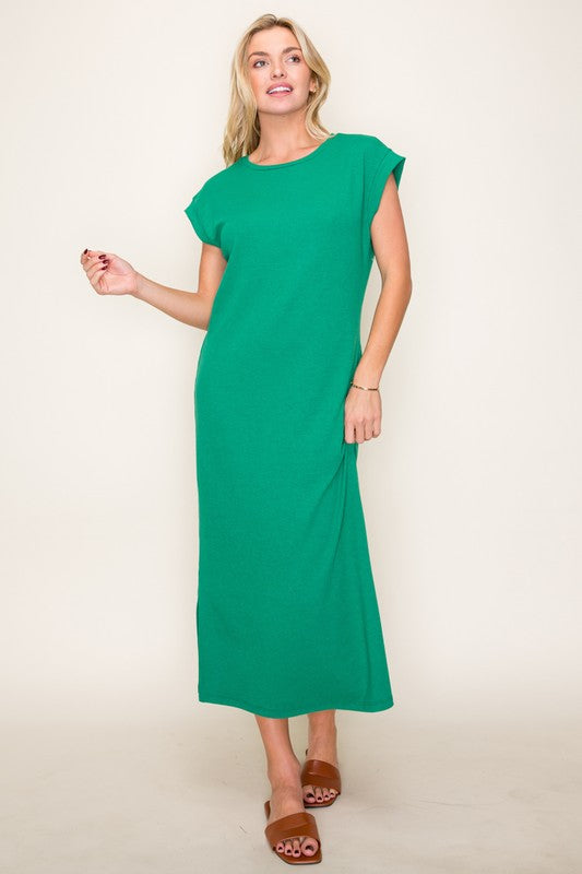 Solid Ribbed Crew Neck Shift Midi Dress-Green