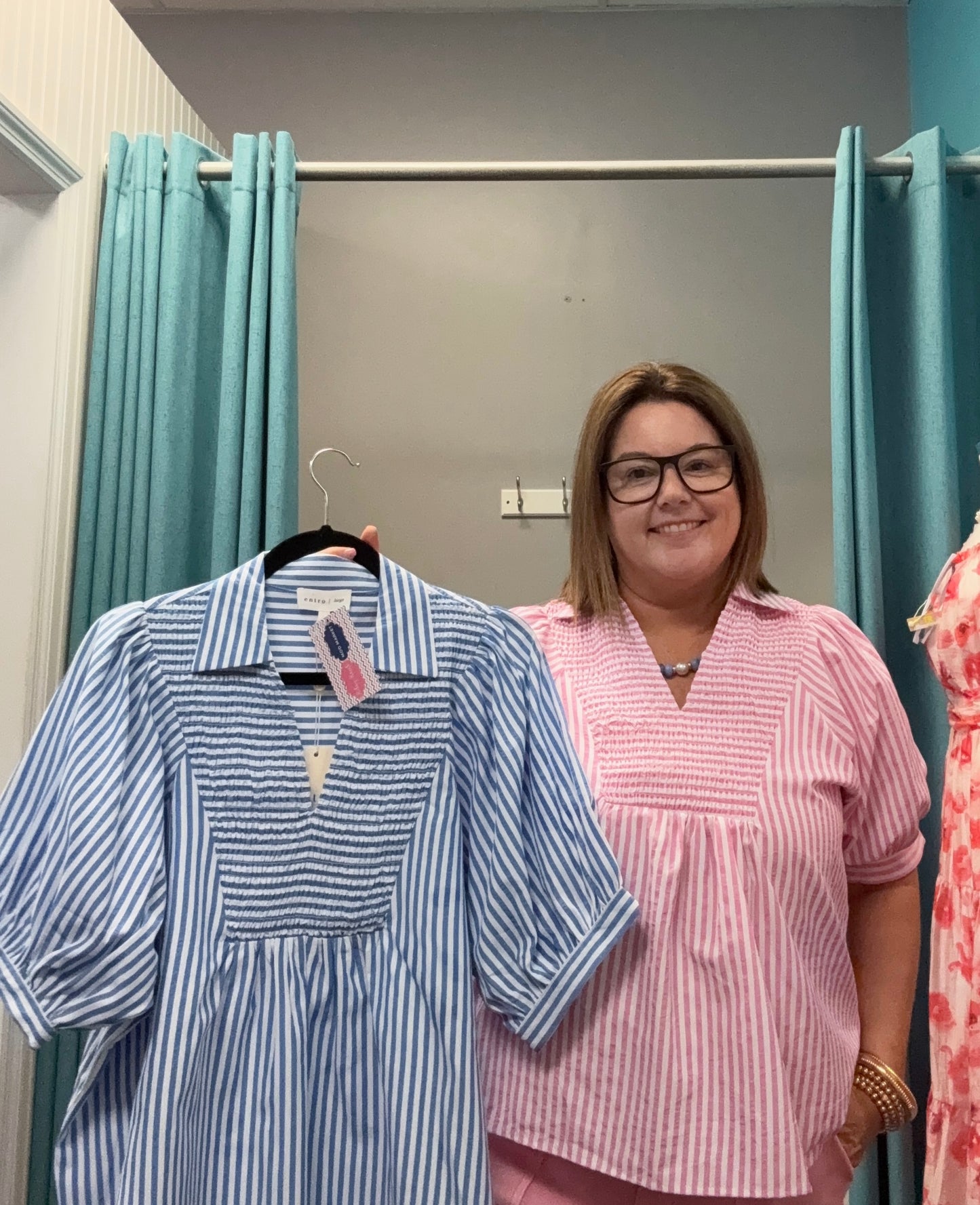 Striped Shirred V-Neck Collared Gathered Puff Sleeve Top