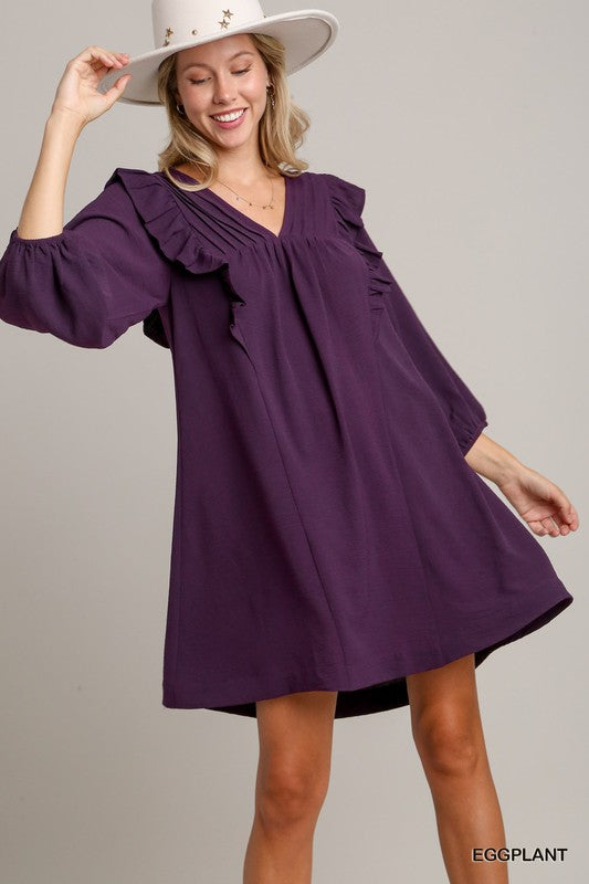 Solid V-Neck Ruffle Pleat Detail Balloon Sleeve Dress