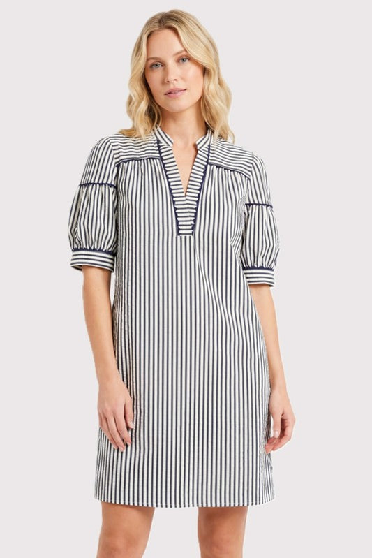 Striped Split Neck Scallop Trim Shift Dress