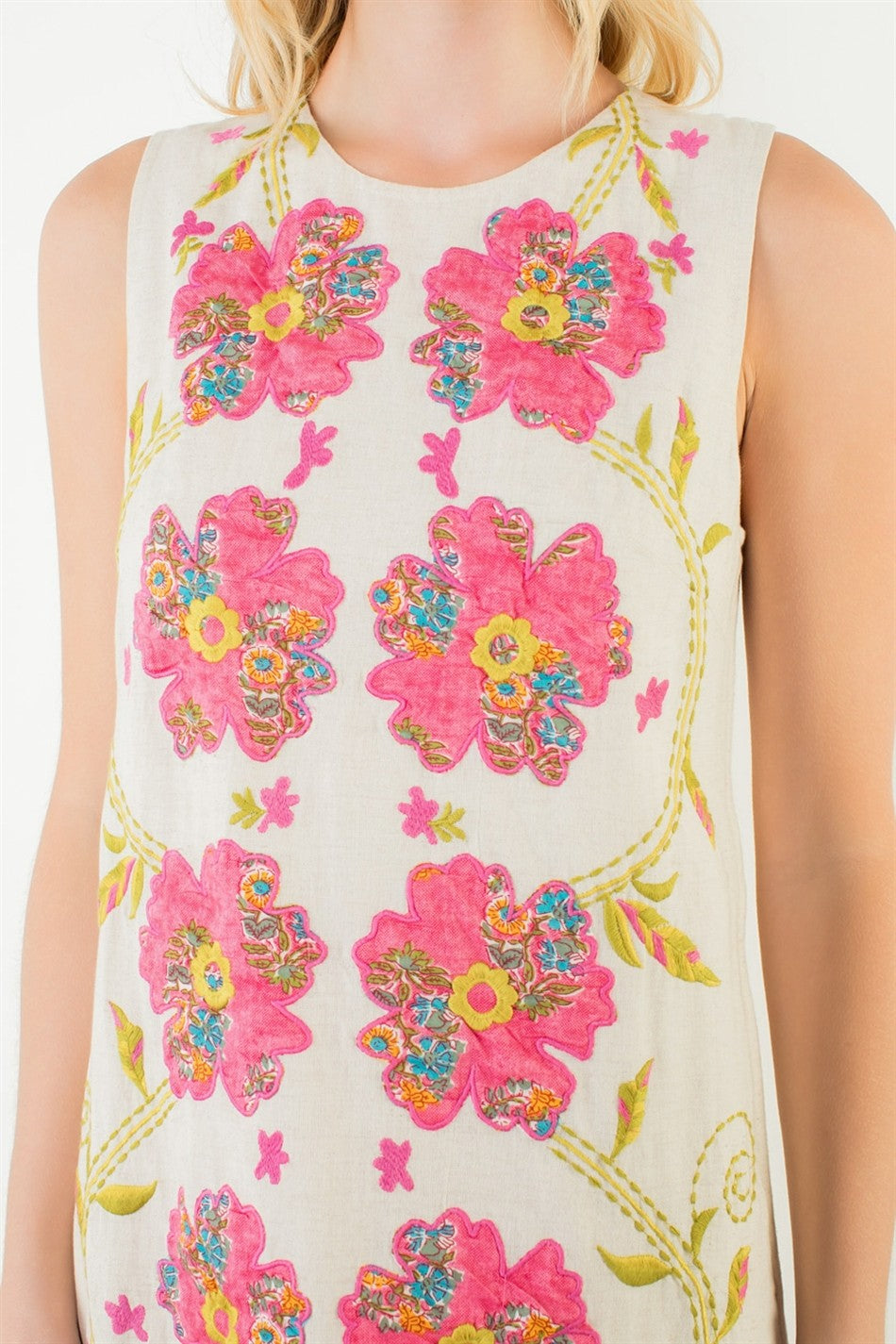 Sleeveless Embroidered Floral Block Print Dress-Cream