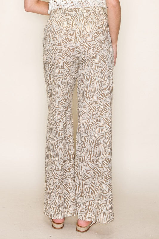 Tropical Leaf Print Drawstring Pant-Taupe
