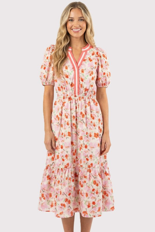 Floral Color Block Mandarin Collar Midi Dress-Pink/Coral
