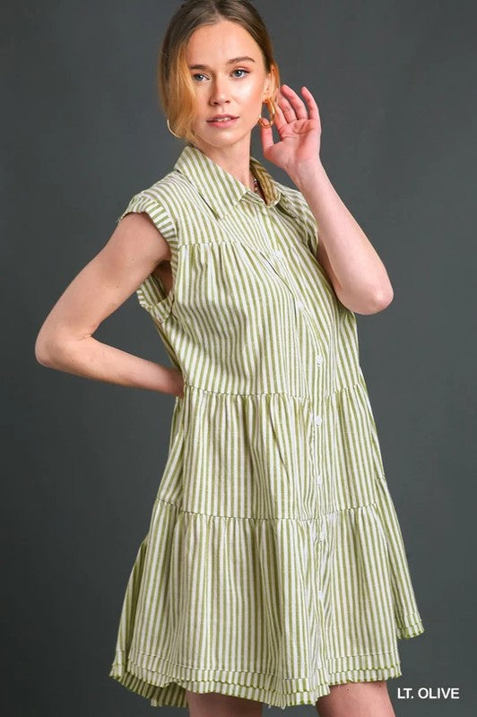 Striped Collared Button Down Tiered Dress- Olive