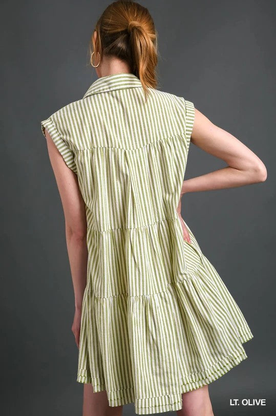 Striped Collared Button Down Tiered Dress- Olive