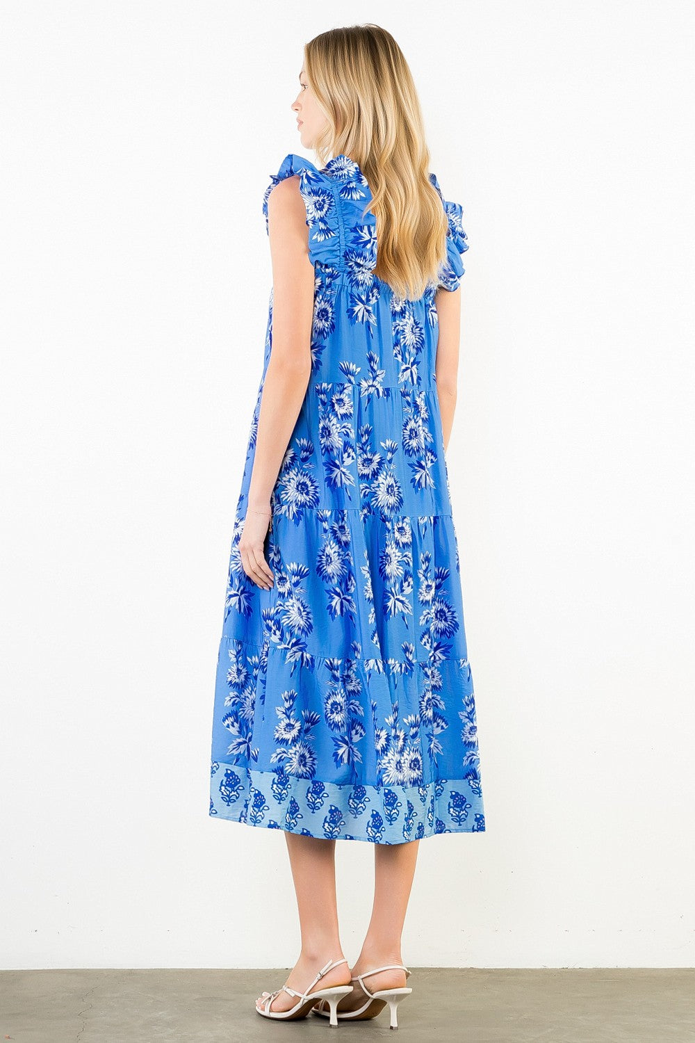 Floral Wide Flutter Strap Tiered Midi Dress-Blue